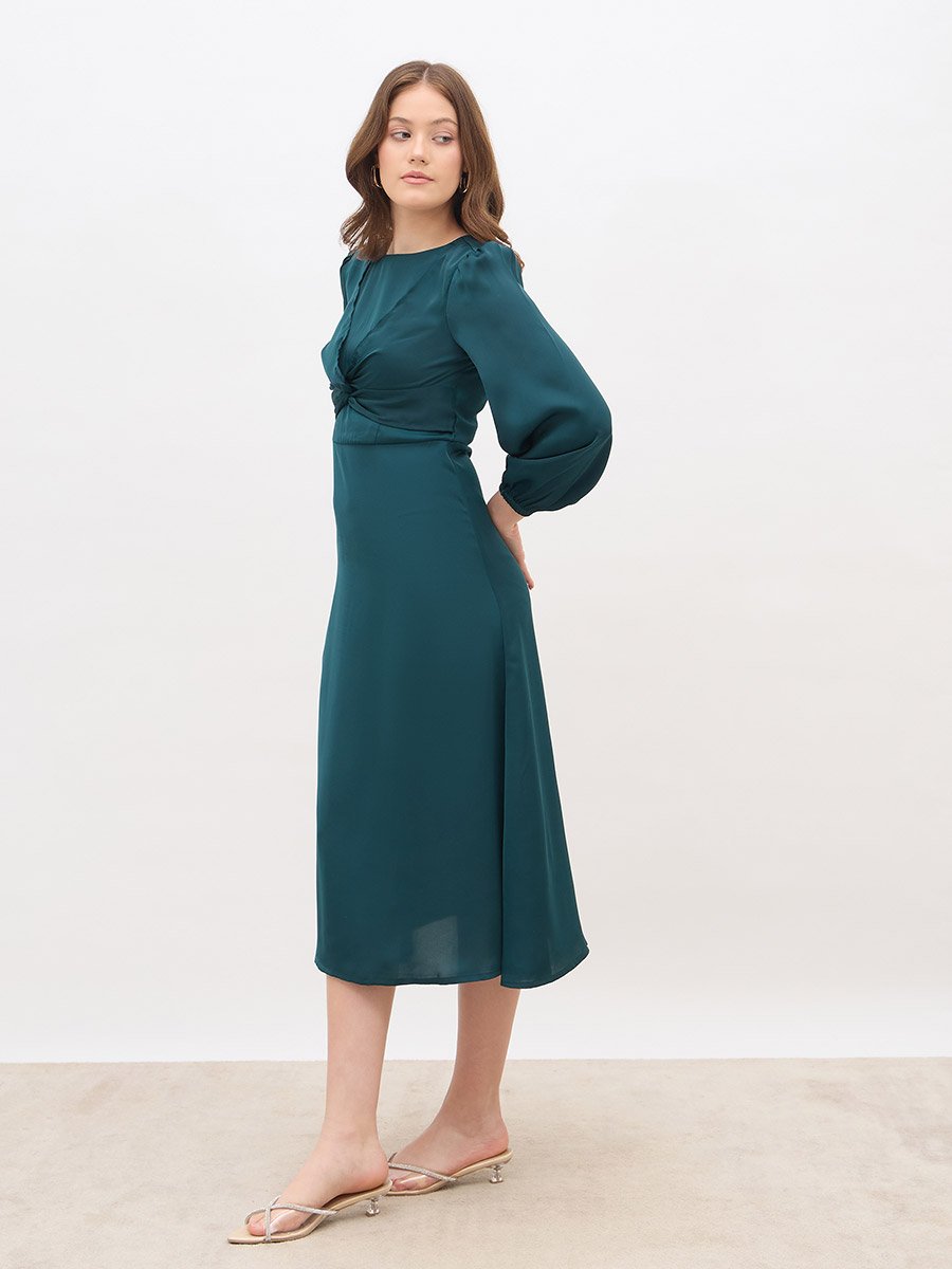 Women Teal Plain Satin Knot Front Balloon Sleeves A-Line Midi Dress
