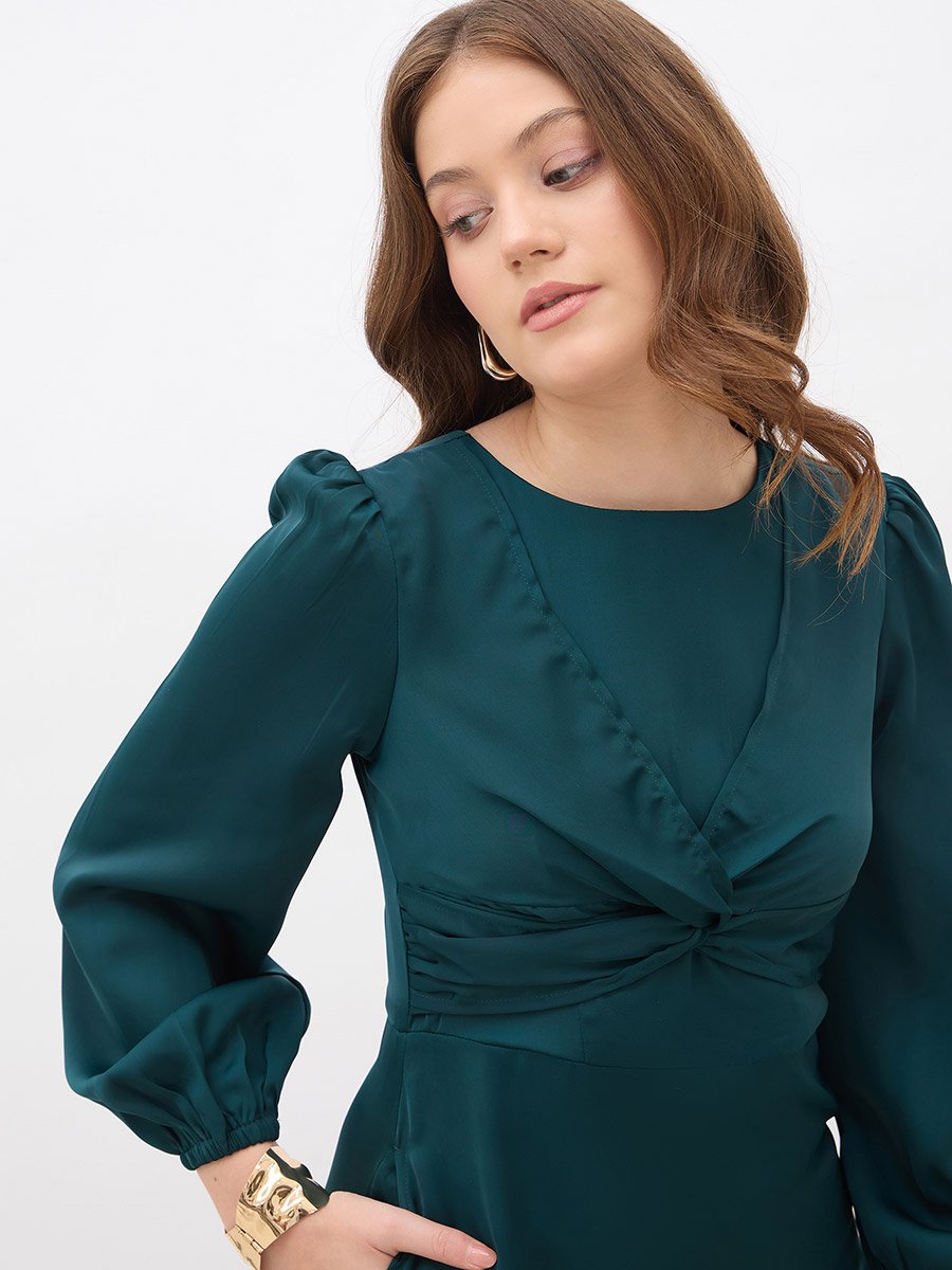 Women Teal Plain Satin Knot Front Balloon Sleeves A-Line Midi Dress