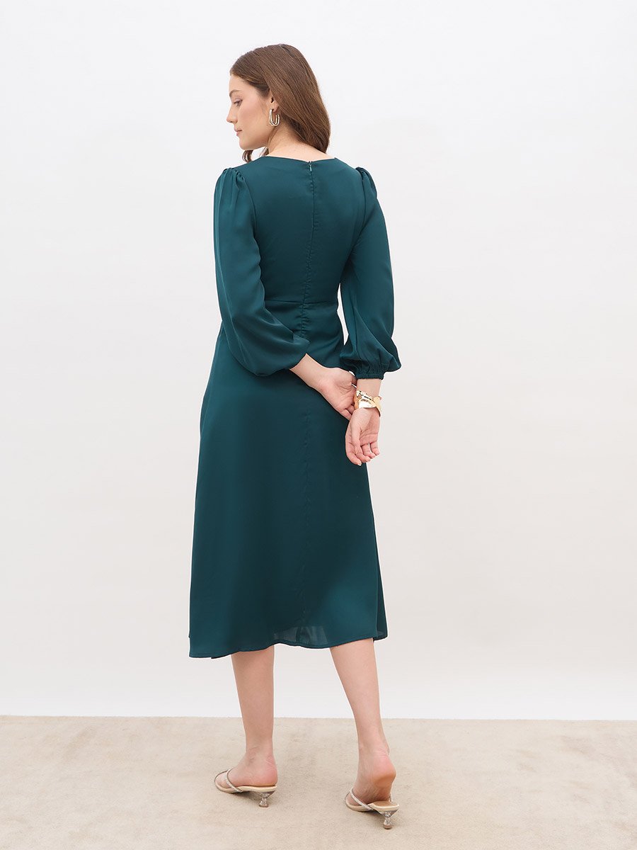 Women Teal Plain Satin Knot Front Balloon Sleeves A-Line Midi Dress