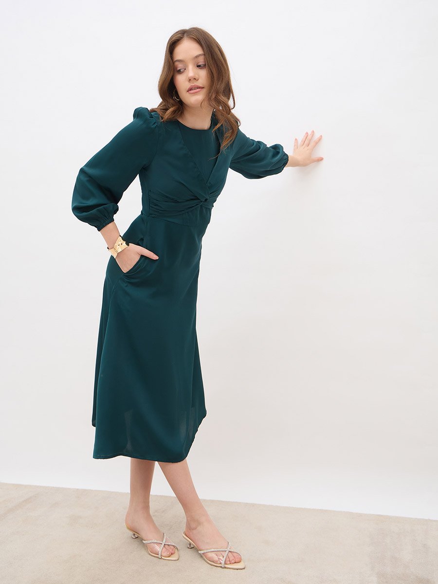 Women Teal Plain Satin Knot Front Balloon Sleeves A-Line Midi Dress
