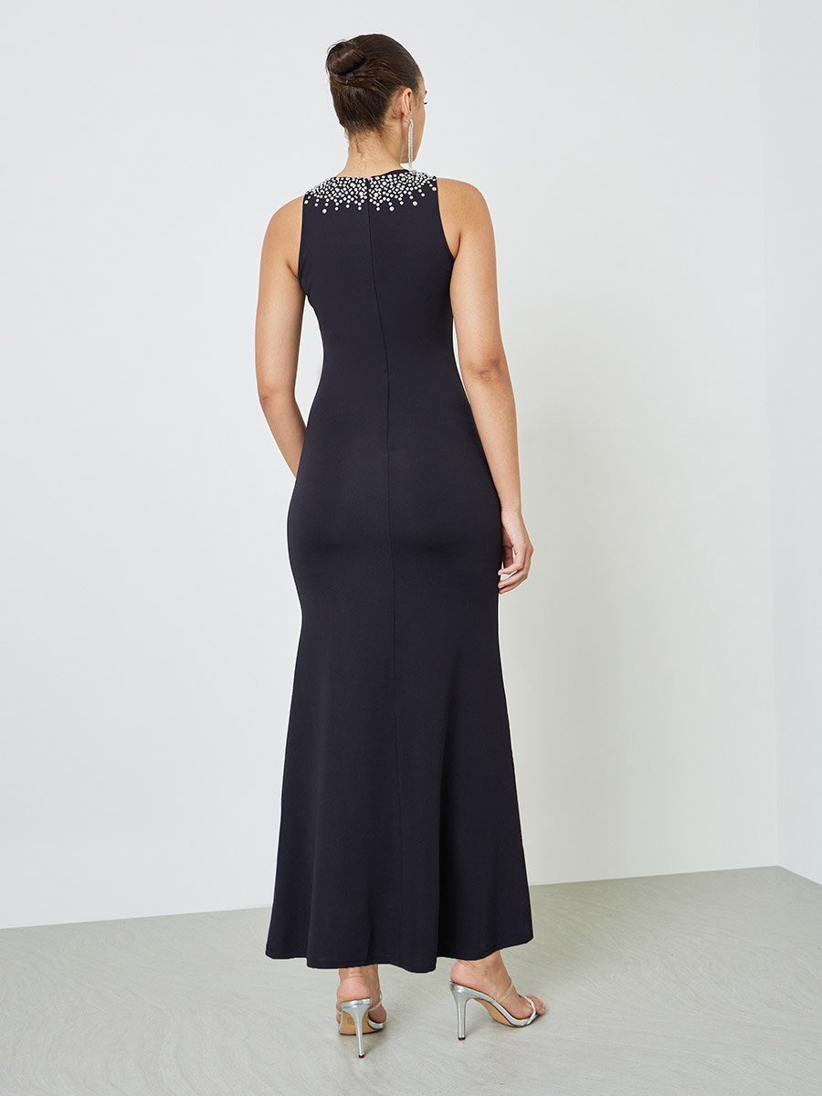 Embellished Round Neck A-Line Maxi Dress