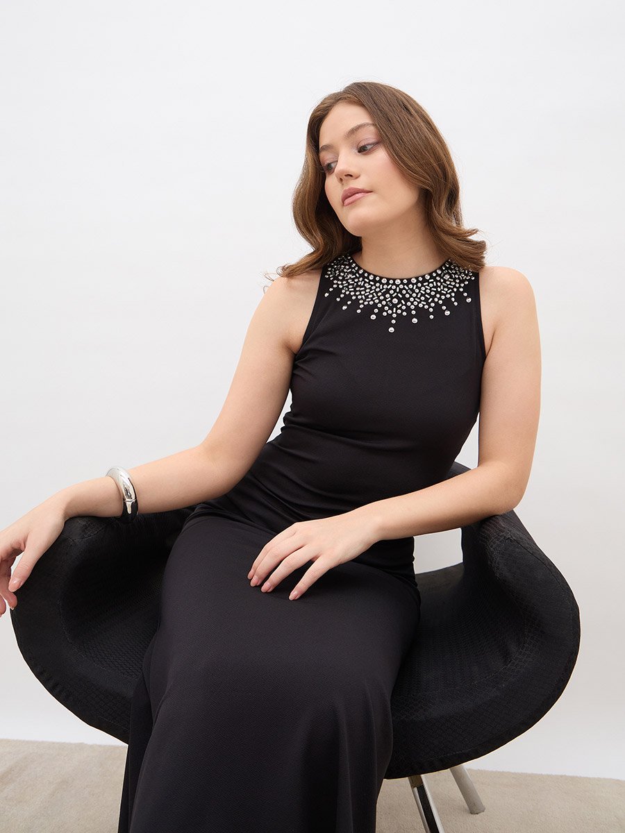 Embellished Round Neck A-Line Maxi Dress