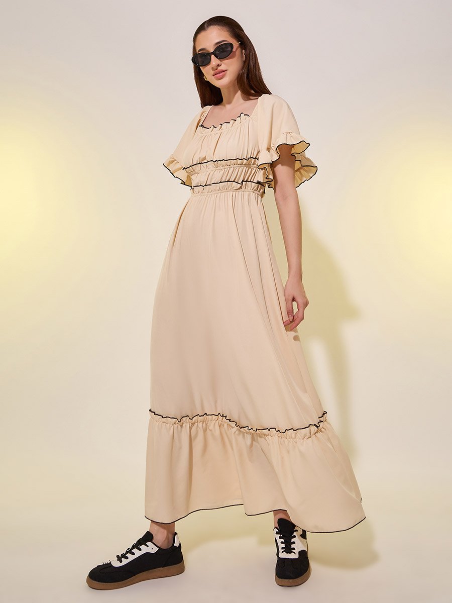 Contrast Stich Detail Flared Sleeves A-Line Maxi Dress
