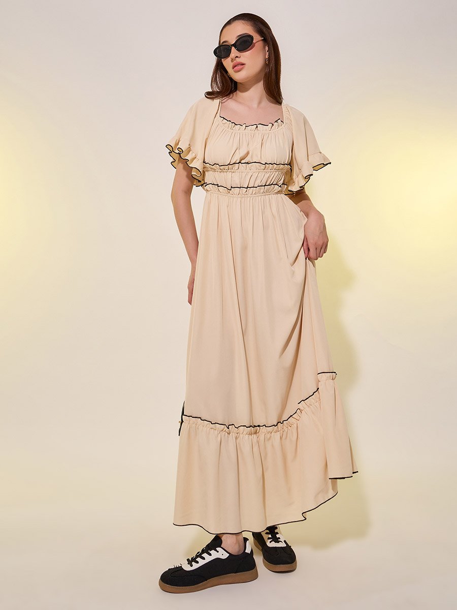 Contrast Stich Detail Flared Sleeves A-Line Maxi Dress