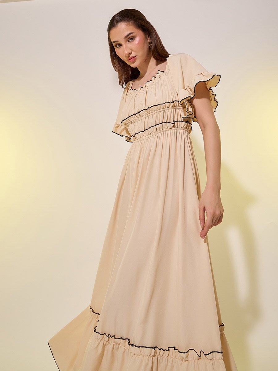 Contrast Stich Detail Flared Sleeves A-Line Maxi Dress