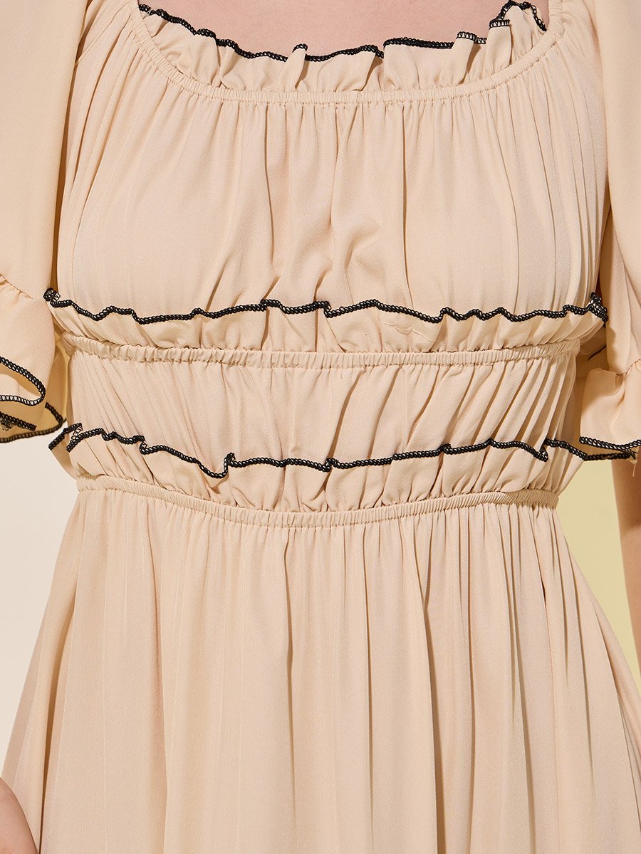 Contrast Stich Detail Flared Sleeves A-Line Maxi Dress