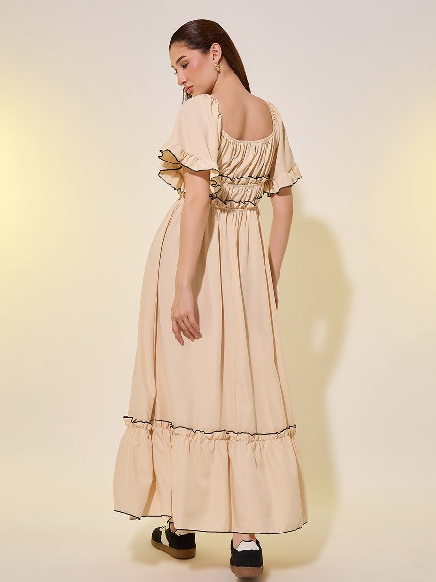 Contrast Stich Detail Flared Sleeves A-Line Maxi Dress