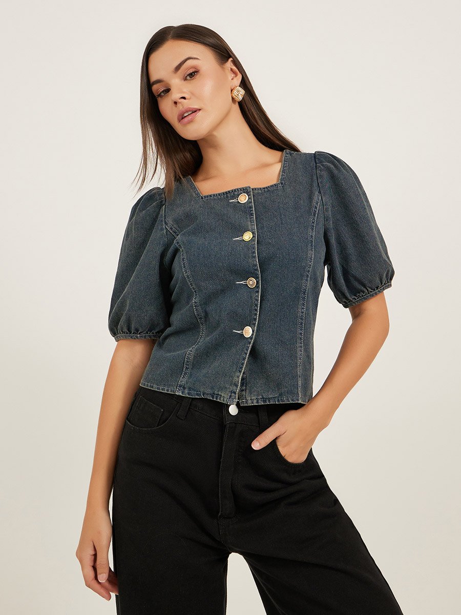 Solid Blouse With Puff Sleeve And Button Up Front