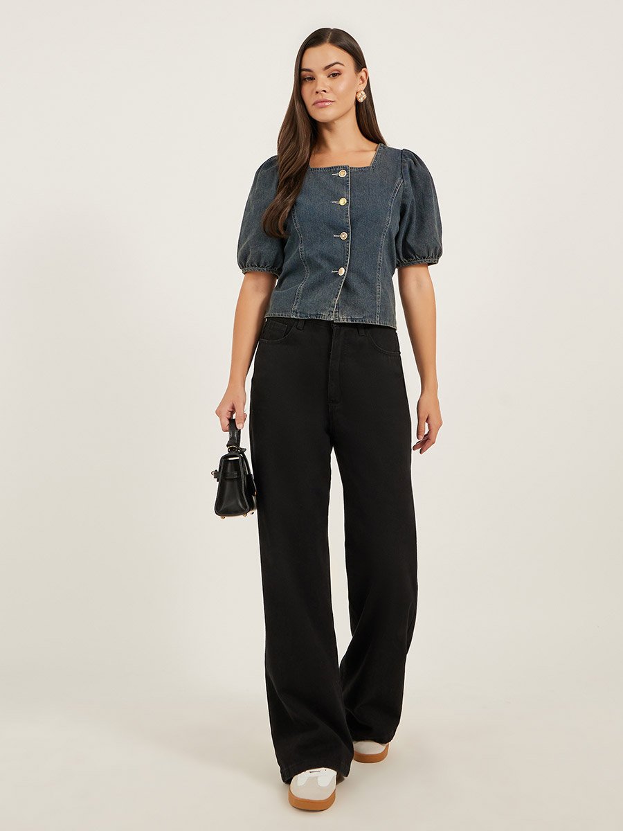 Solid Blouse With Puff Sleeve And Button Up Front