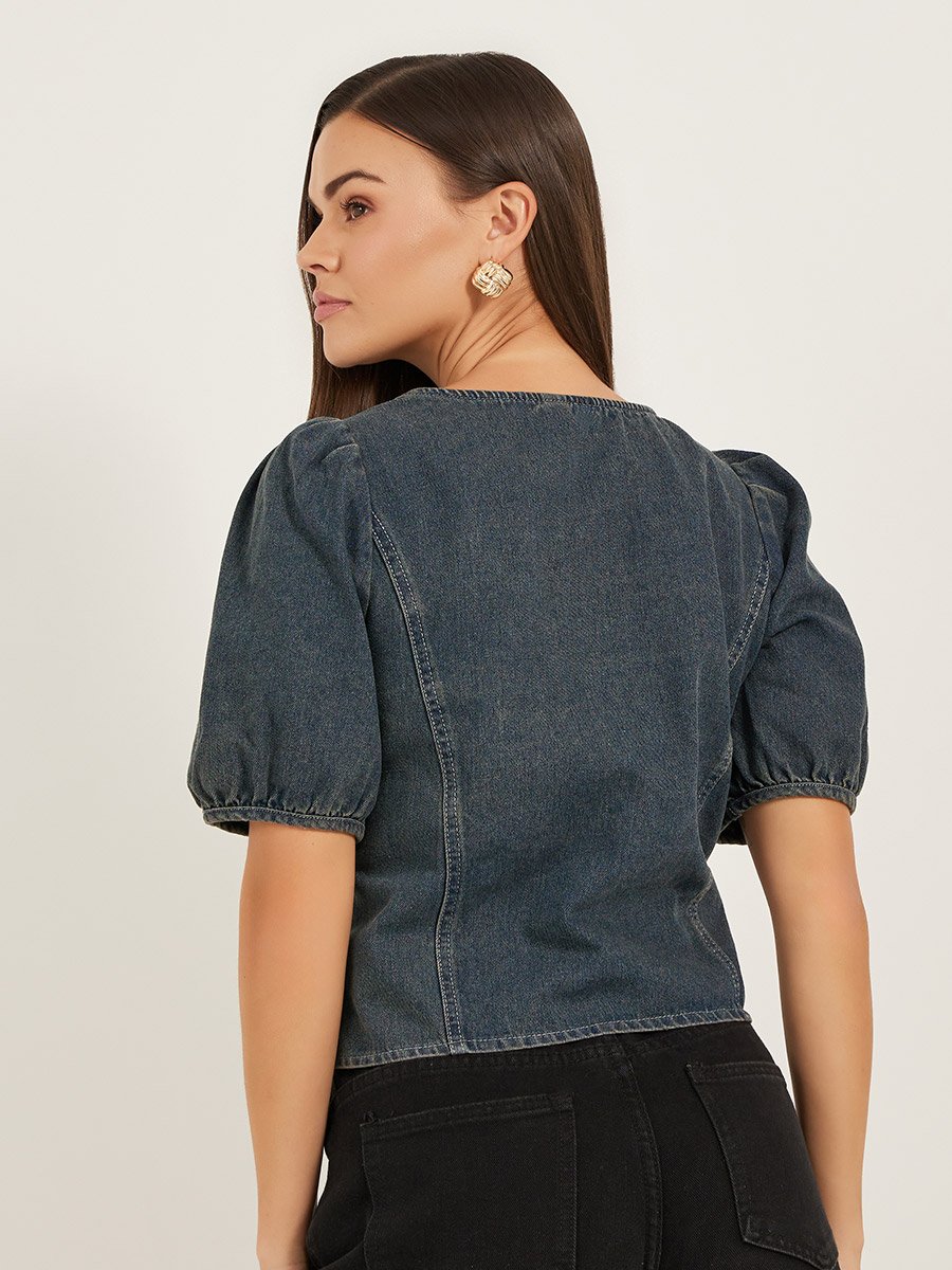 Solid Blouse With Puff Sleeve And Button Up Front