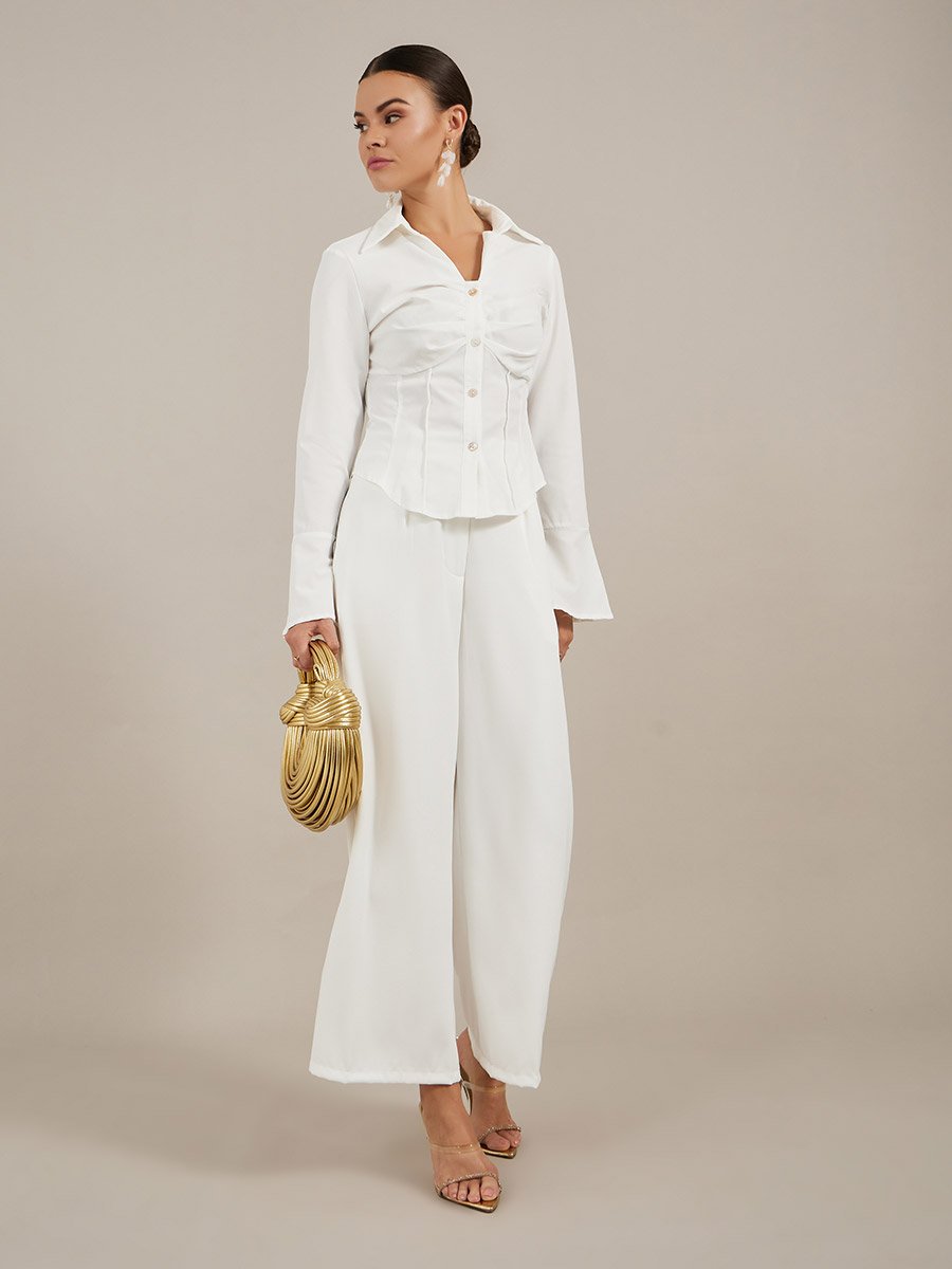 Solid Pleated Spread Collar Long Sleeve Shirt