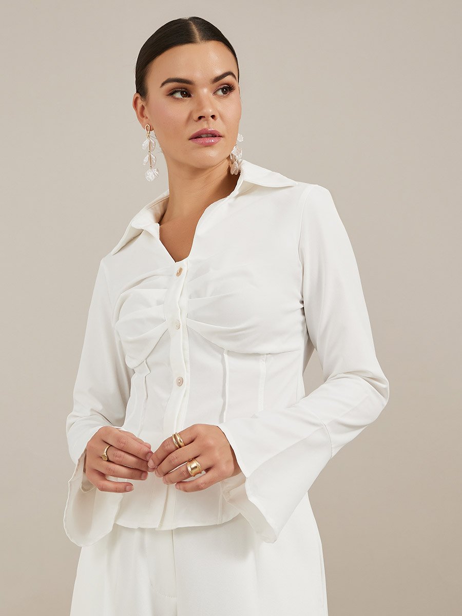 Solid Pleated Spread Collar Long Sleeve Shirt