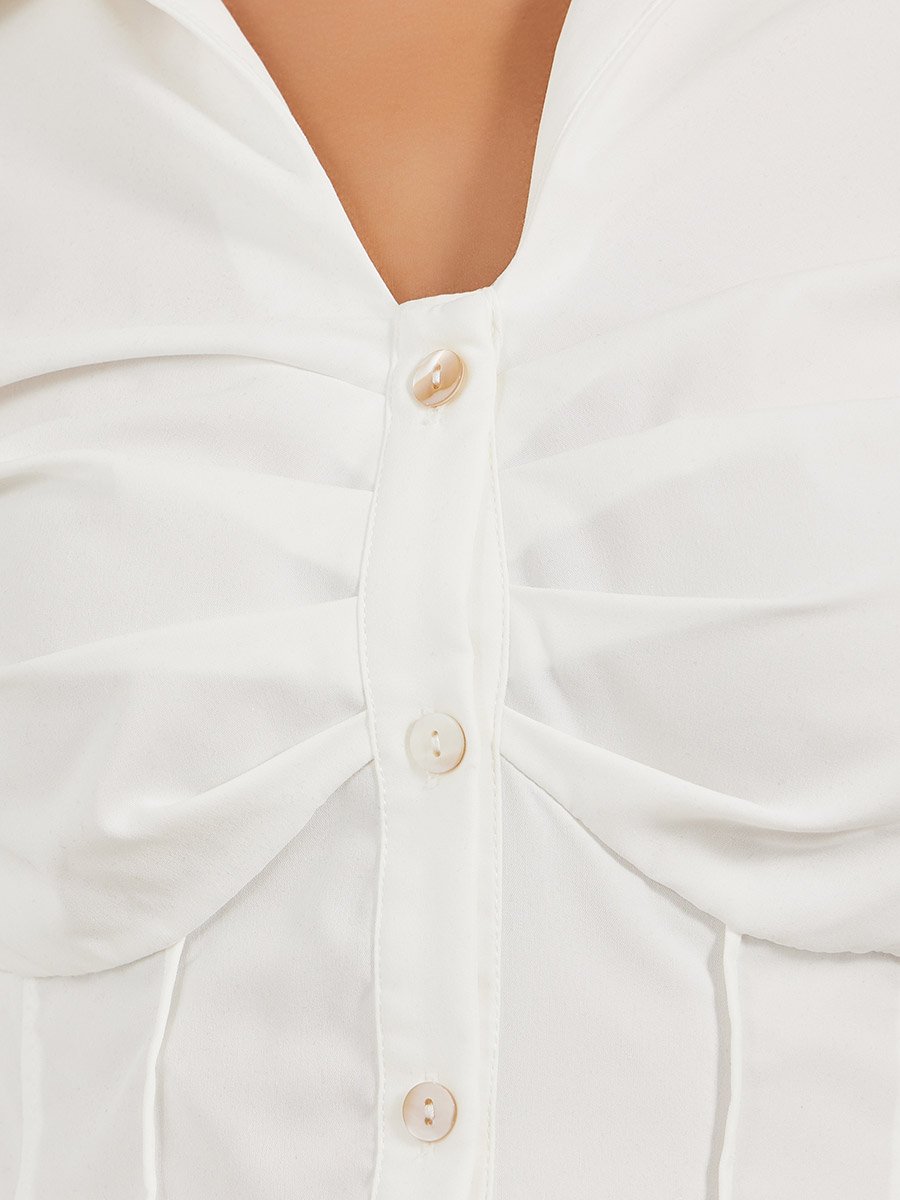 Solid Pleated Spread Collar Long Sleeve Shirt