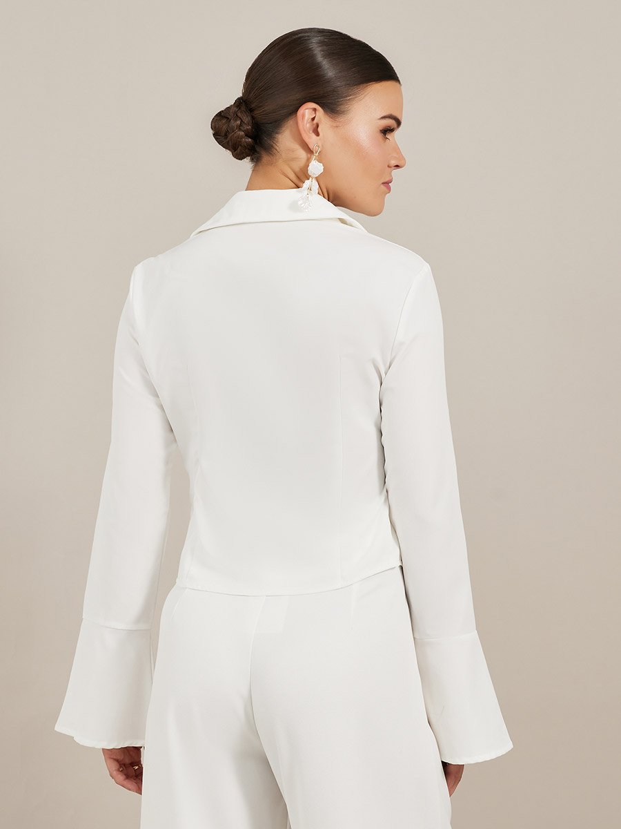 Solid Pleated Spread Collar Long Sleeve Shirt