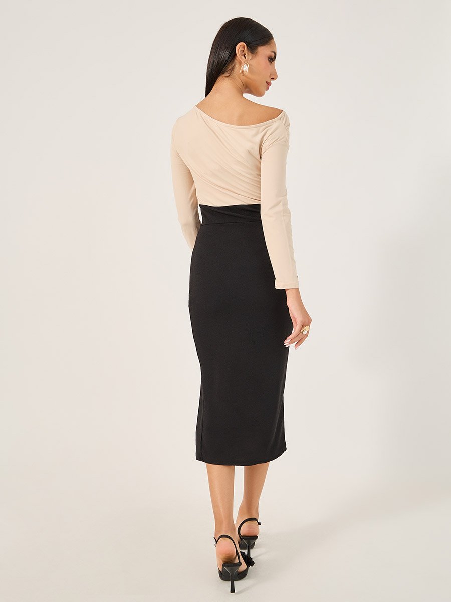 Color Block Long Sleeve Bodycon Midi Dress For Women at UAE | Styli