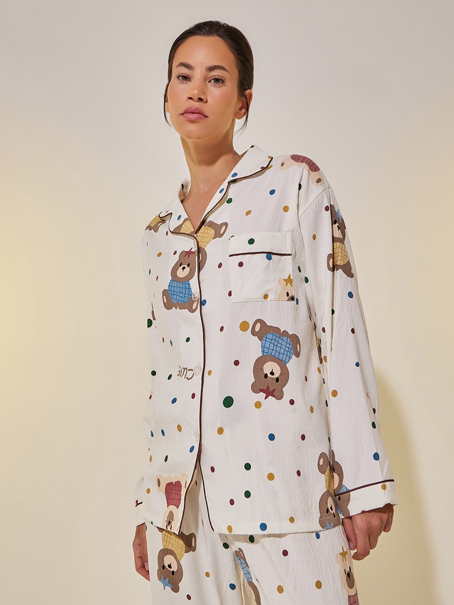 Bear Print Long Sleeve Shirt and Pyjama Set