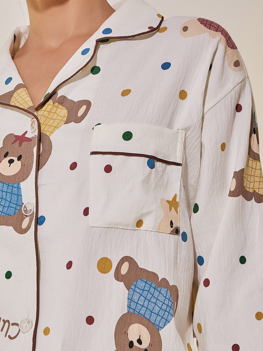 Bear Print Long Sleeve Shirt and Pyjama Set