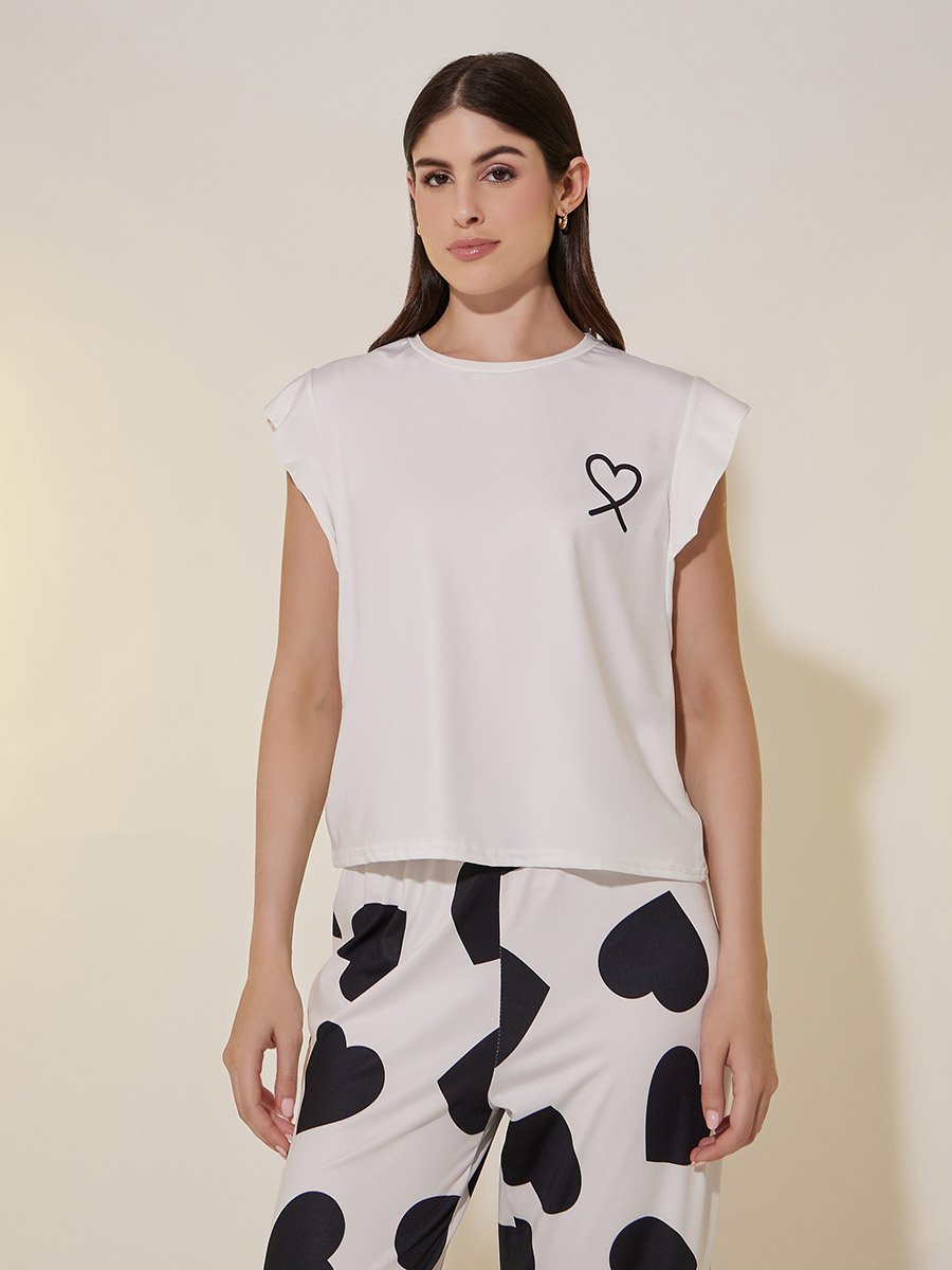 Heart Print Ruffled Sleeve Top and Pyjama Set