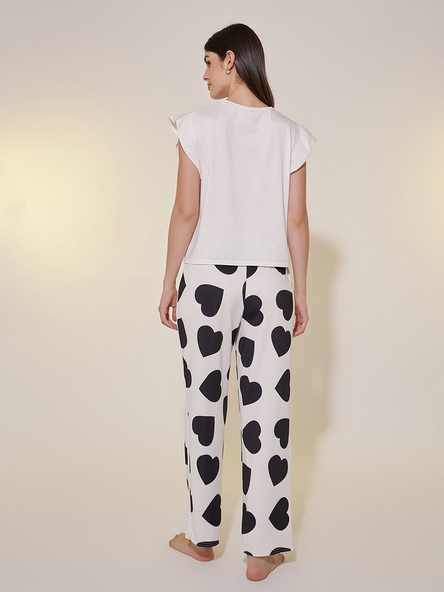 Heart Print Ruffled Sleeve Top and Pyjama Set