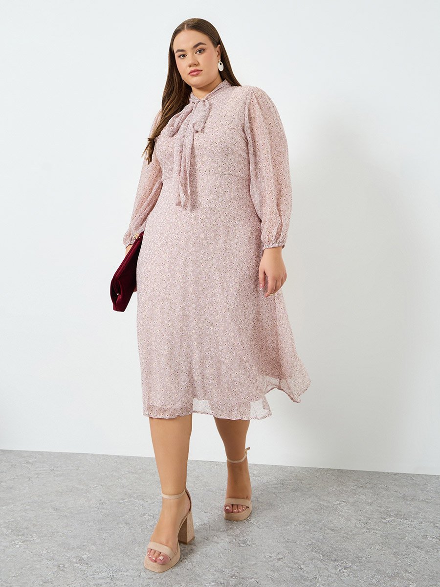 Women Floral Print Long Sleeves Midi Dress