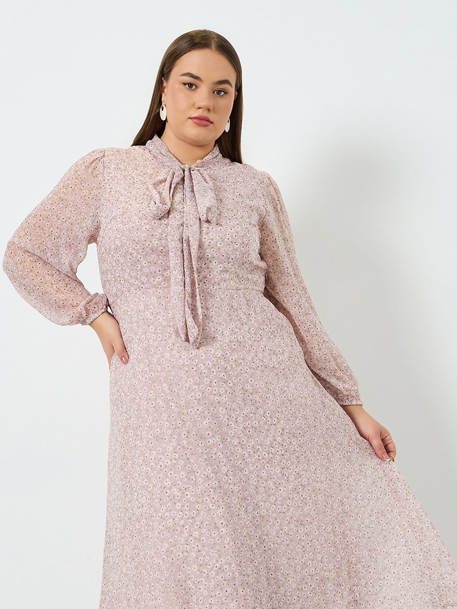 Women Floral Print Long Sleeves Midi Dress