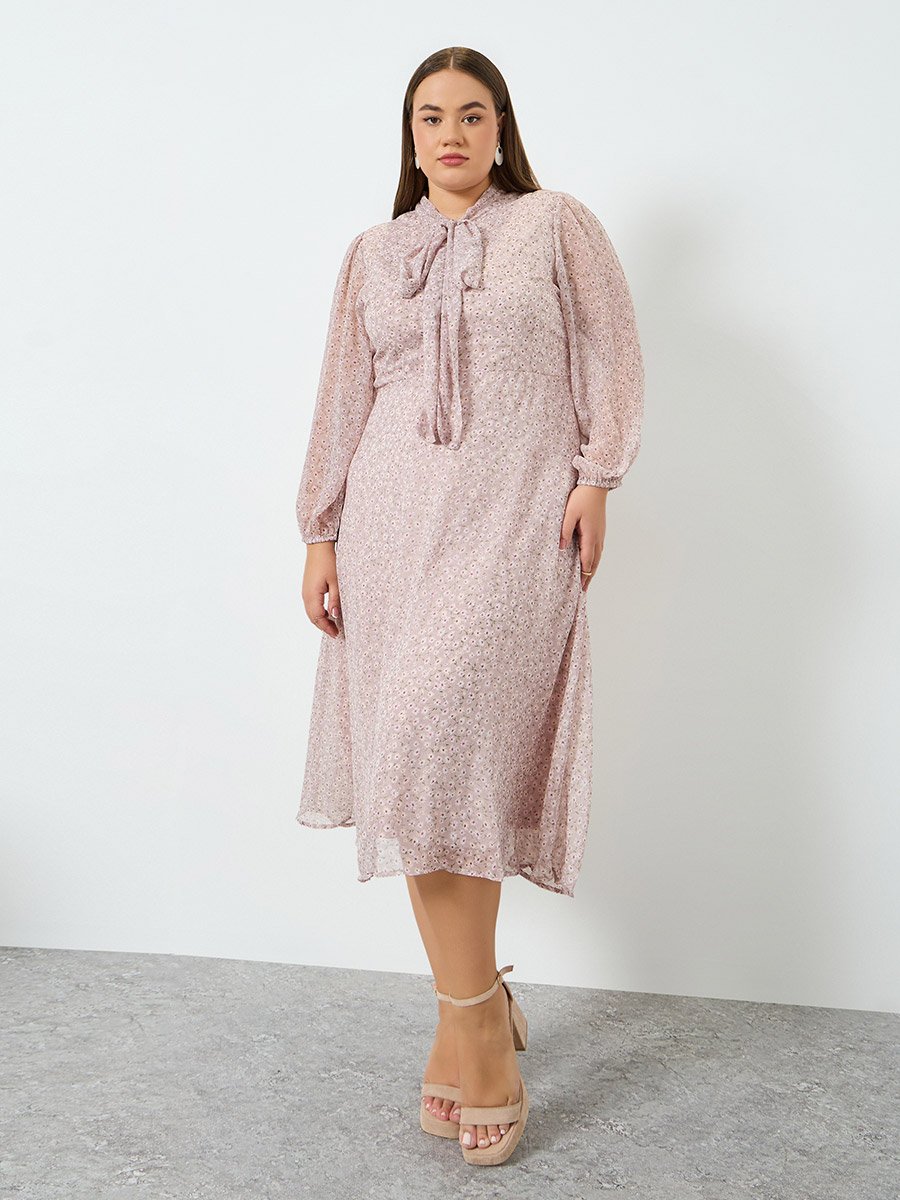 Women Floral Print Long Sleeves Midi Dress