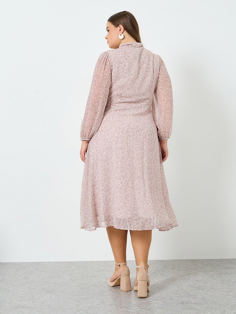Women Floral Print Long Sleeves Midi Dress