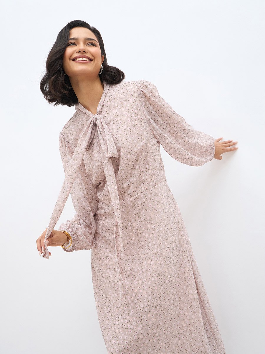 Women Floral Print Long Sleeves Midi Dress