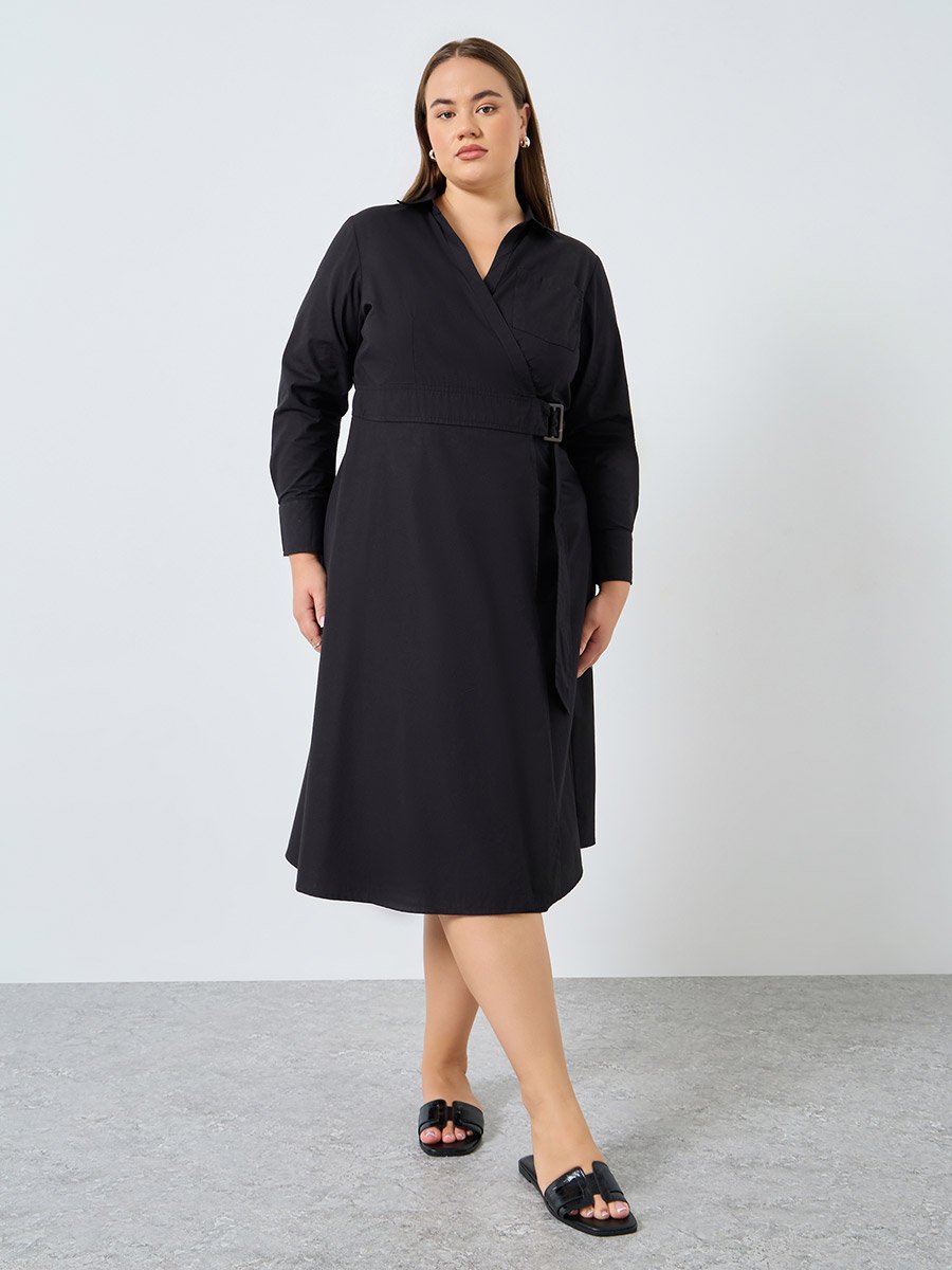 Plus Size Cotton Wrap Shirt Midi Dress