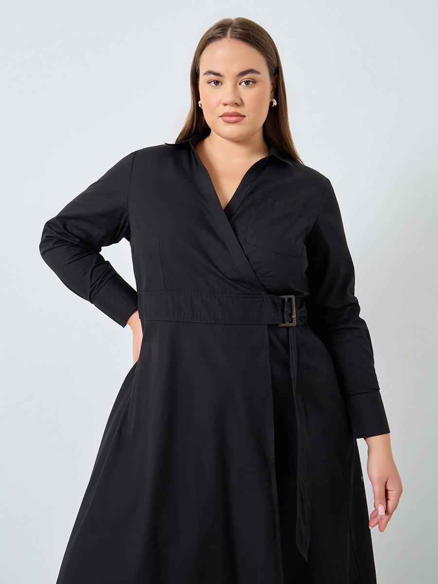 Plus Size Cotton Wrap Shirt Midi Dress