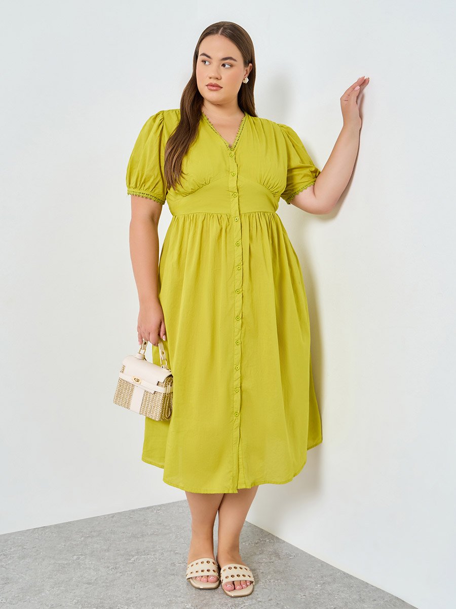 Plus Size Cotton Midi Dress with Puff Sleeves