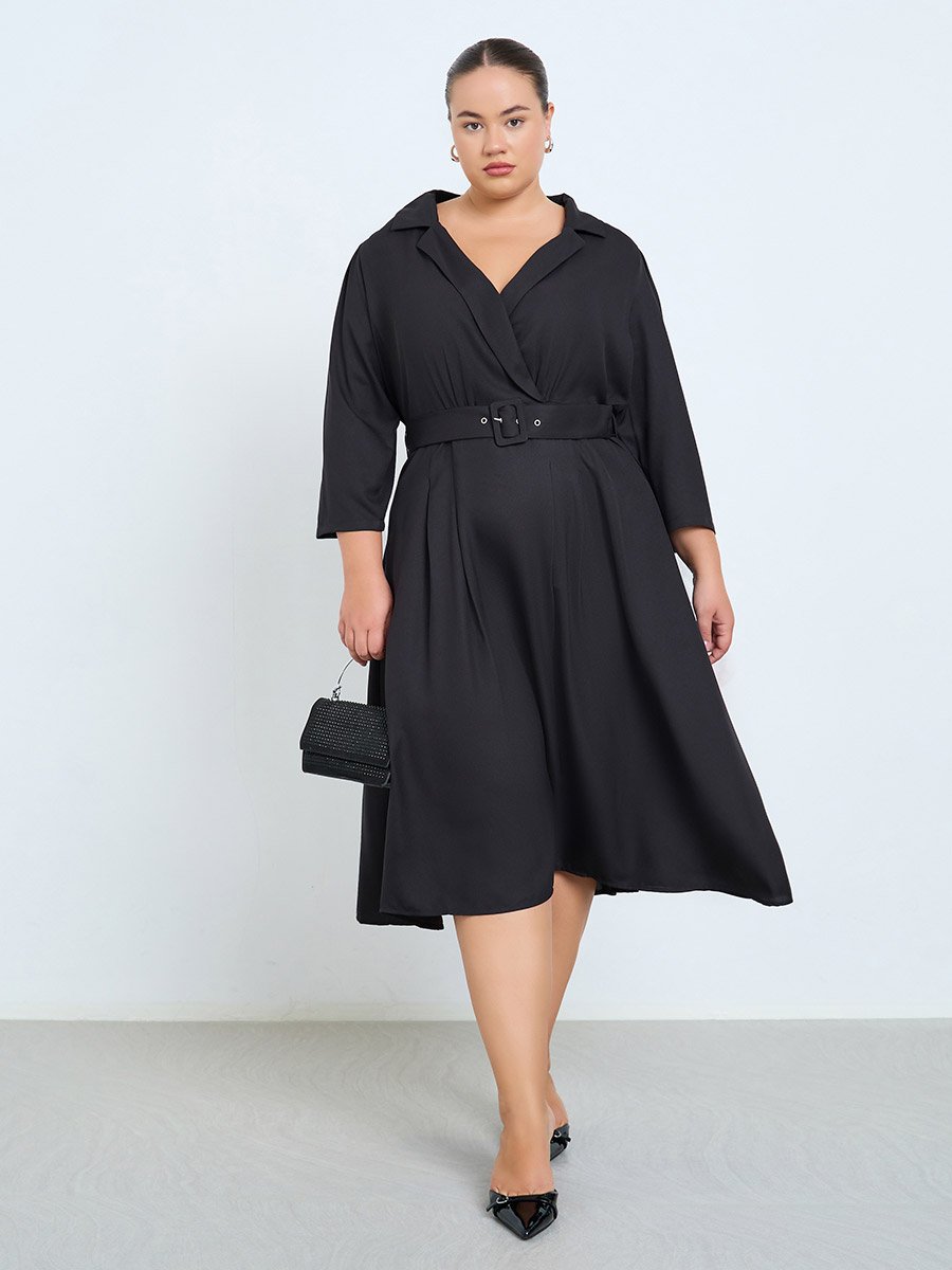 Plus Size Belted A-Line Midi Dress