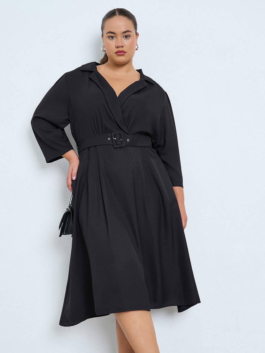 Plus Size Belted A-Line Midi Dress