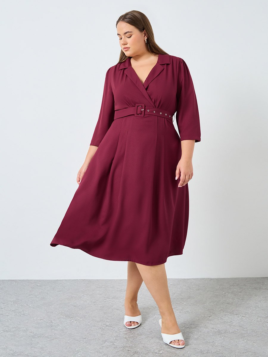 Plus Size Belted A-Line Midi Dress