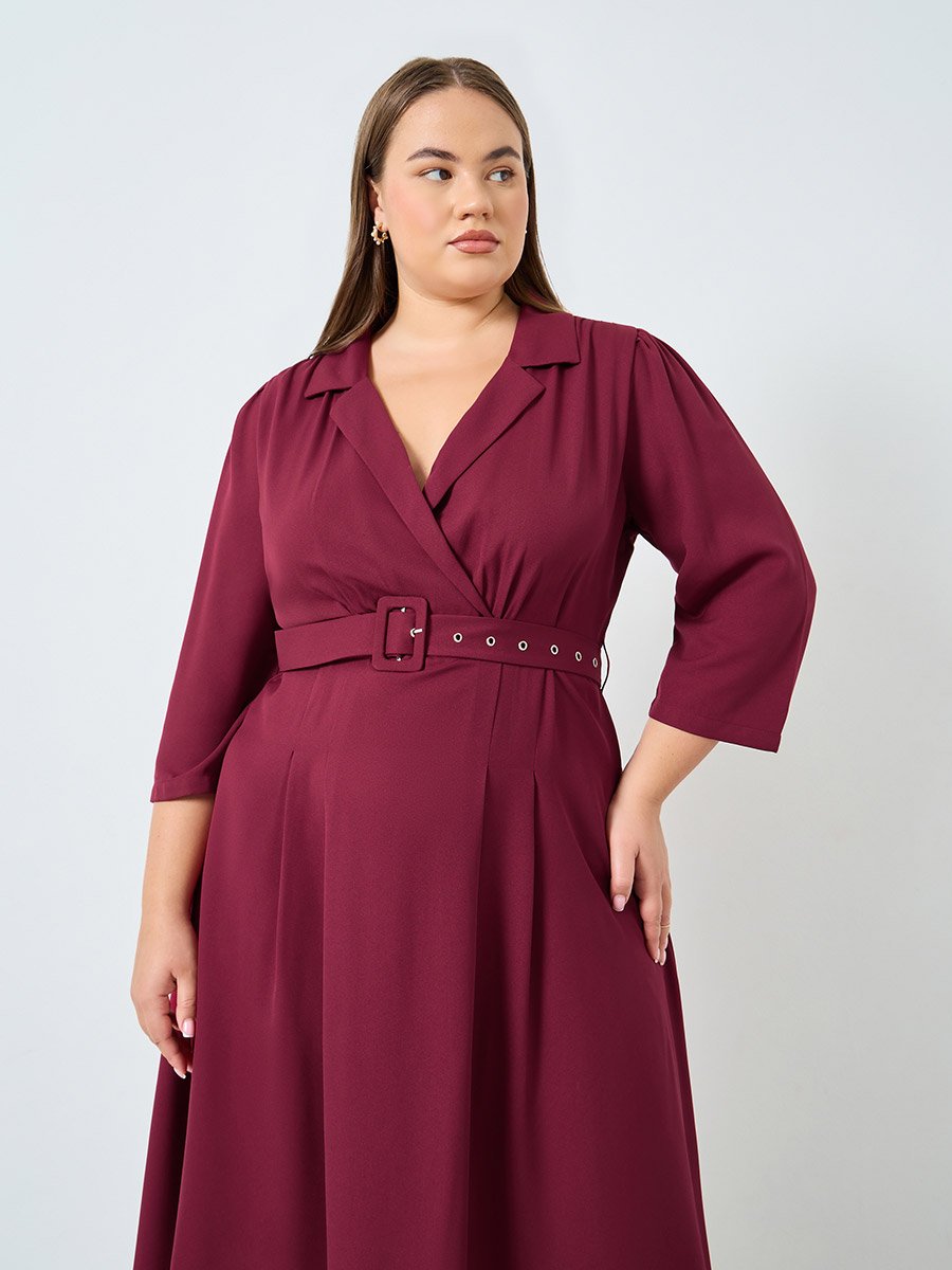 Plus Size Belted A-Line Midi Dress