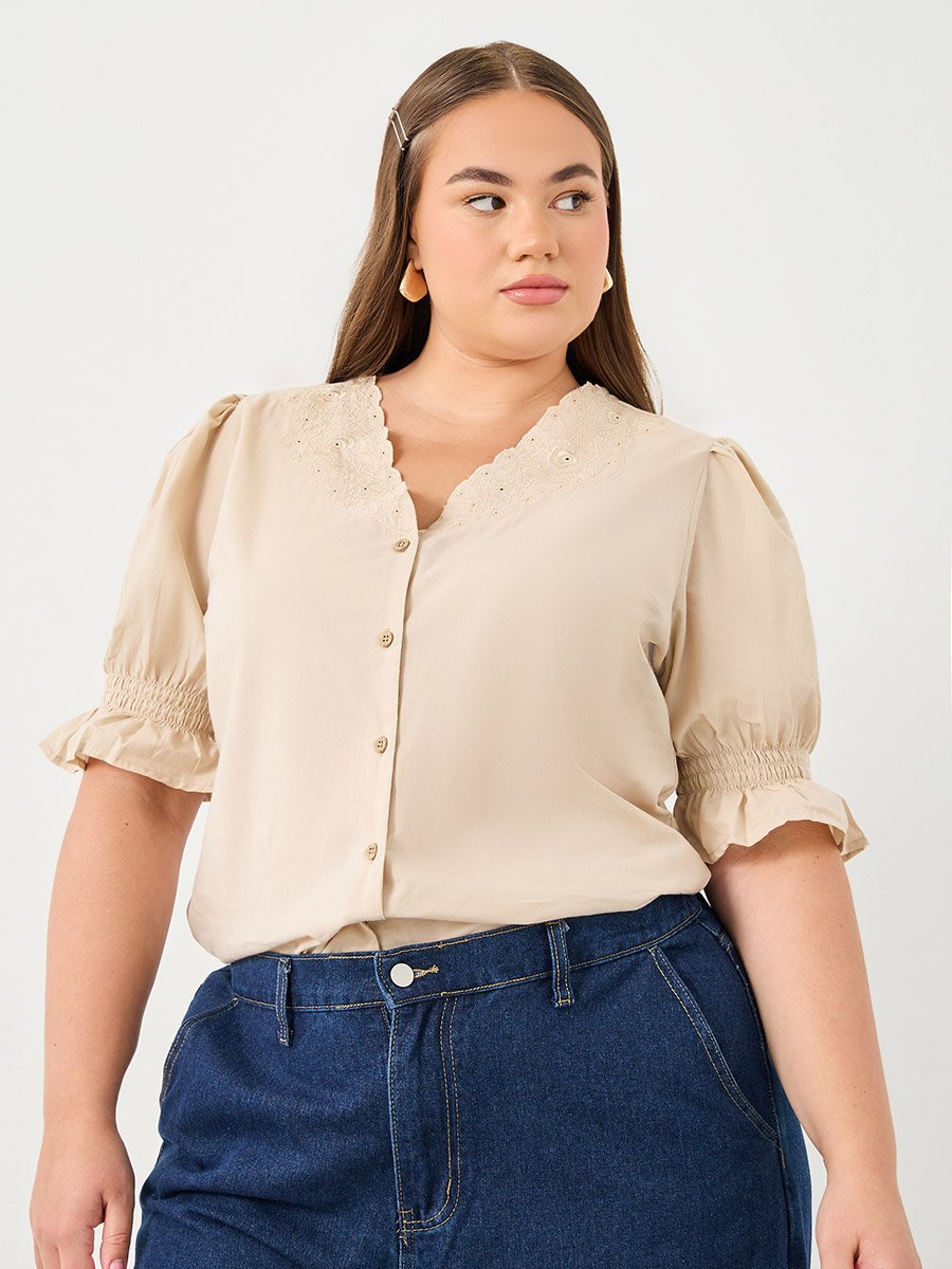 Plus Size Beige Embroidered Neckline Blouse