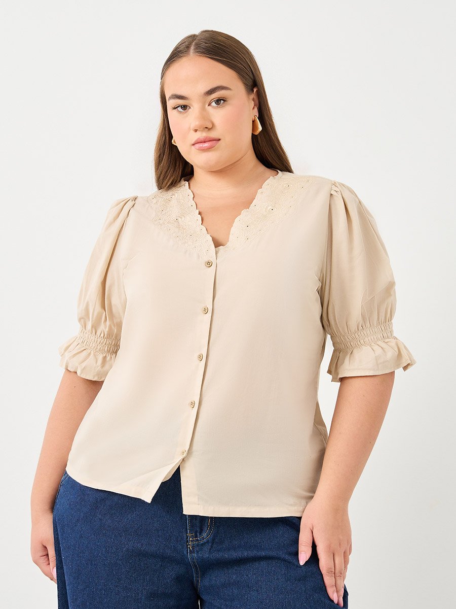 Plus Size Beige Embroidered Neckline Blouse