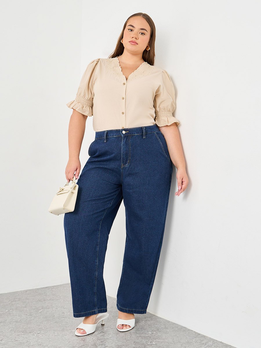 Plus Size Beige Embroidered Neckline Blouse