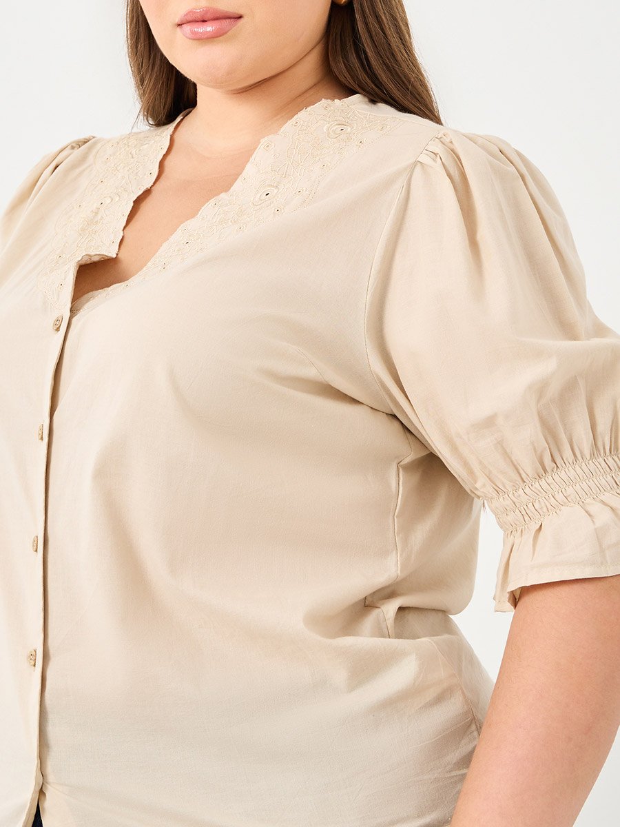 Plus Size Beige Embroidered Neckline Blouse