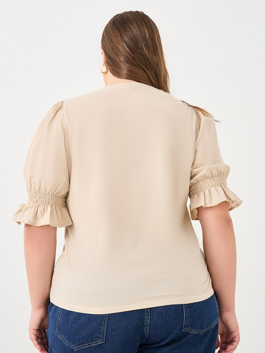 Plus Size Beige Embroidered Neckline Blouse