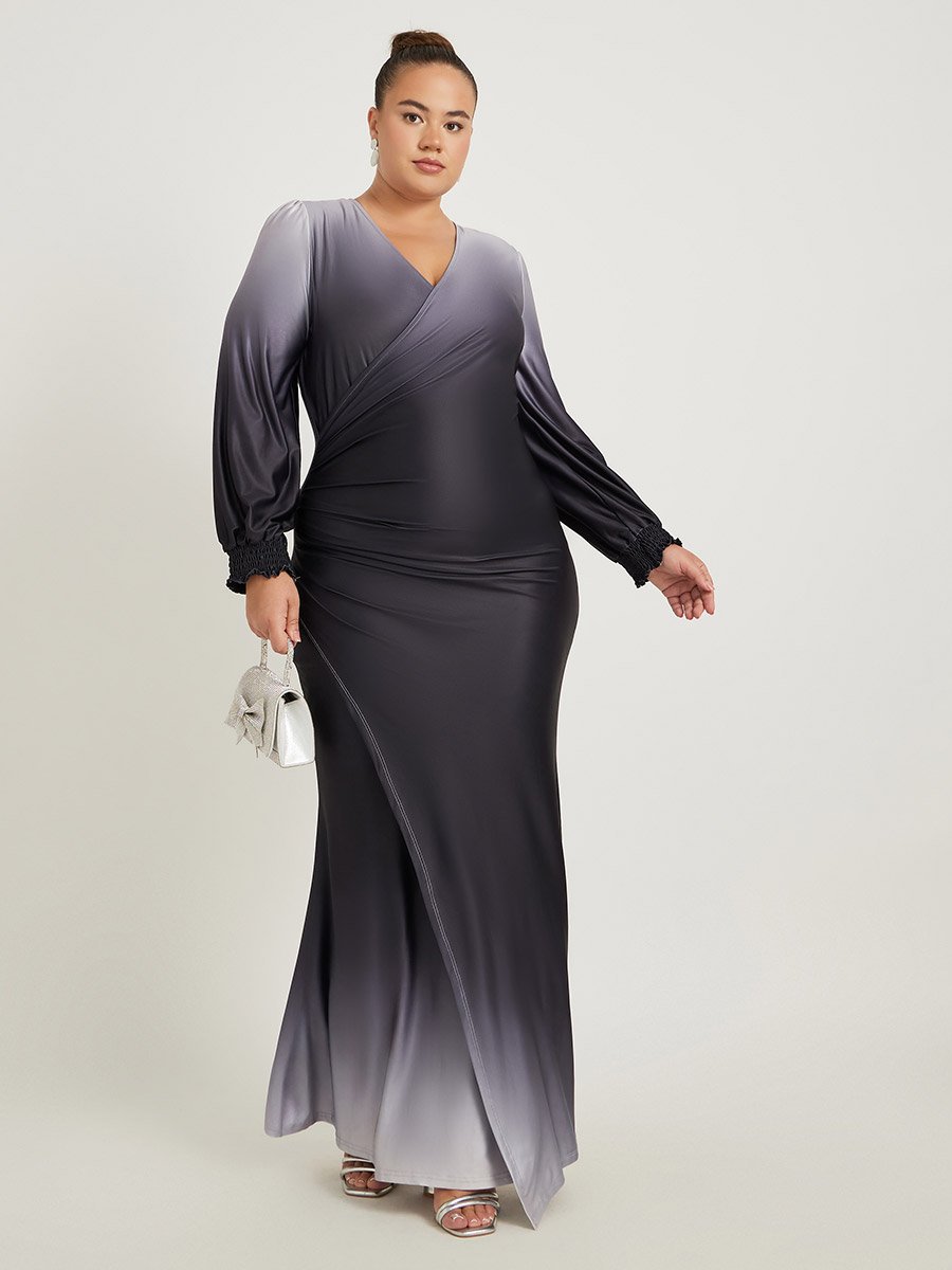 Plus Size Ombre Print Gathered Detail Wrap Maxi Dress