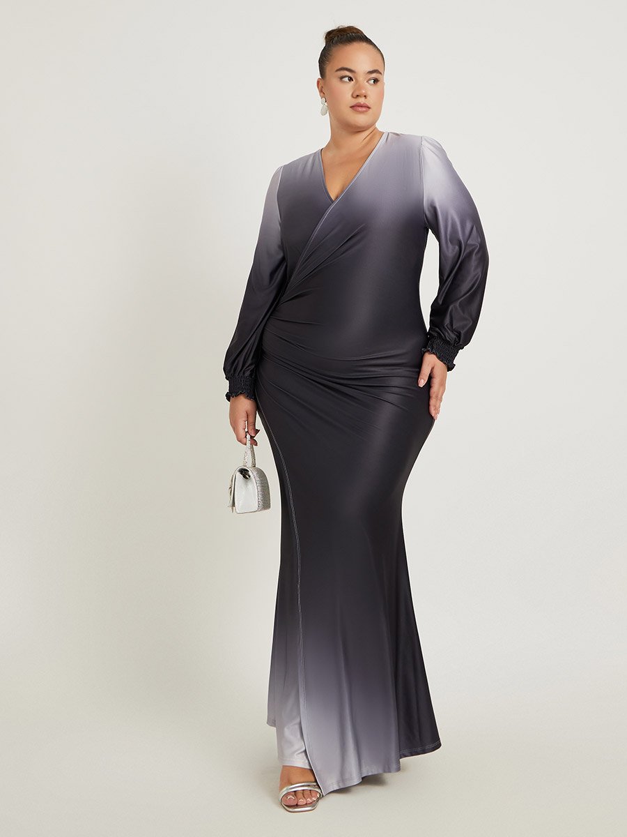 Plus Size Ombre Print Gathered Detail Wrap Maxi Dress