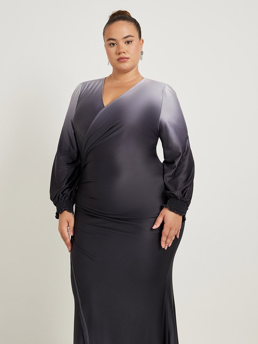 Plus Size Ombre Print Gathered Detail Wrap Maxi Dress
