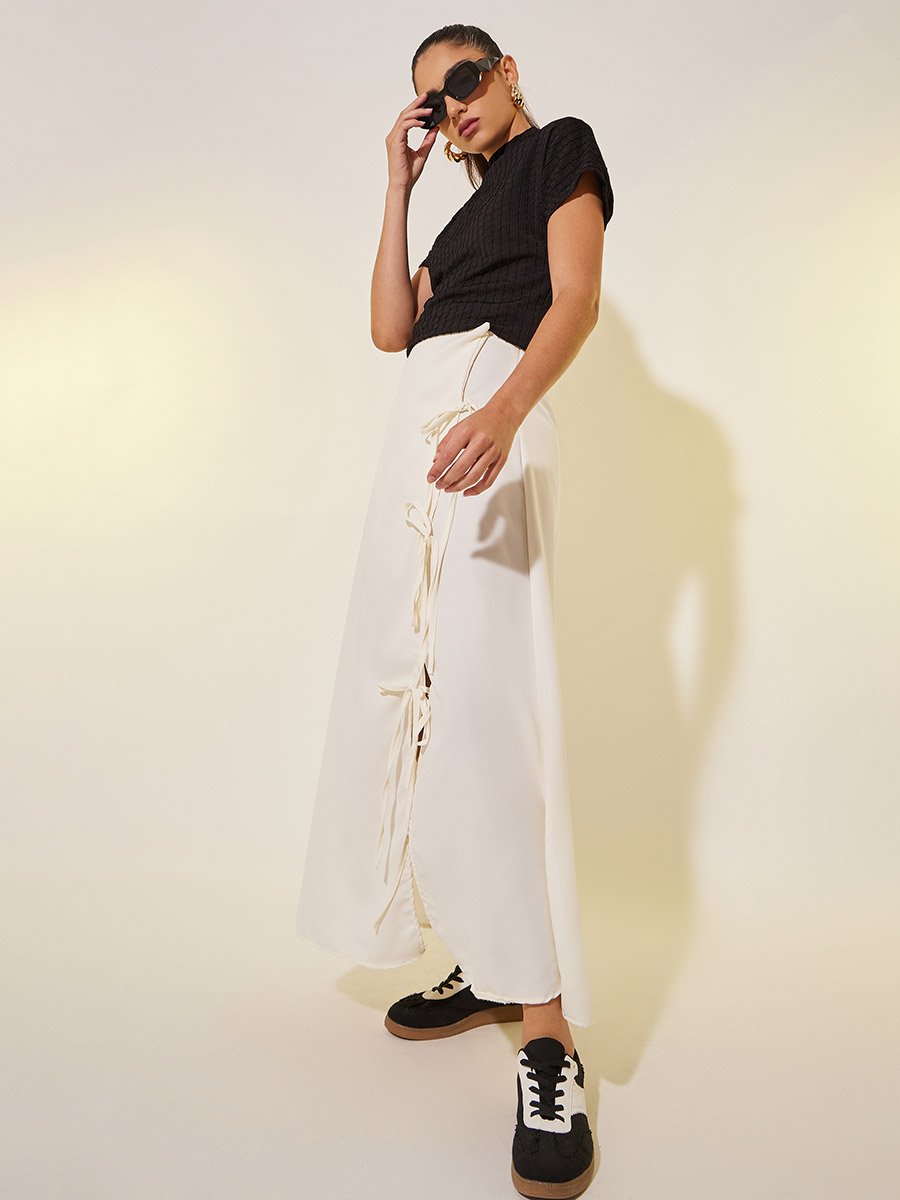 Solid Tie Detail Wrap Look A-Line Maxi Skirt