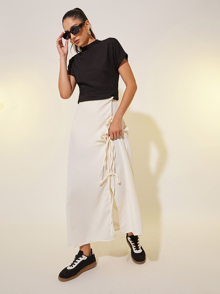 Solid Tie Detail Wrap Look A-Line Maxi Skirt