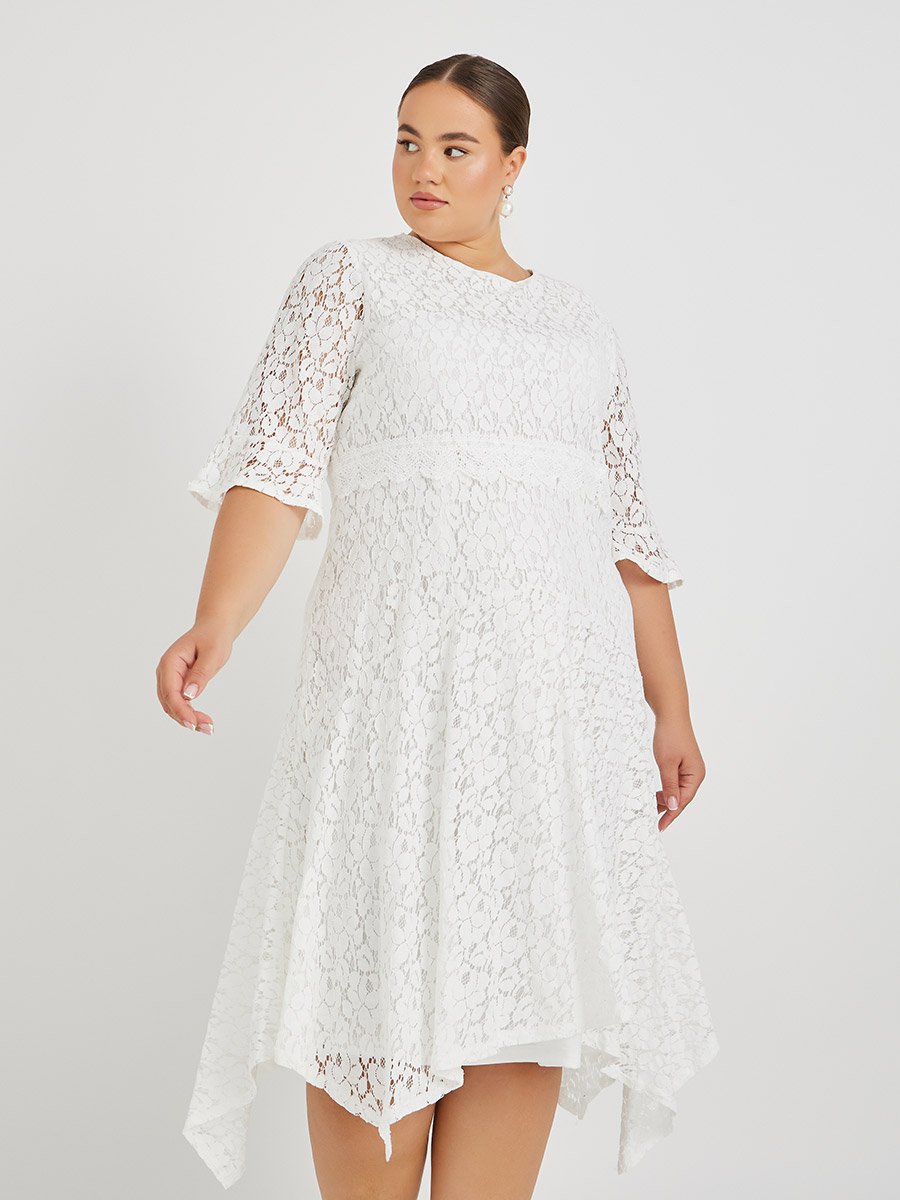 Plus Size Lace High Neck Asymmetric Hem A-Line Midi Dress
