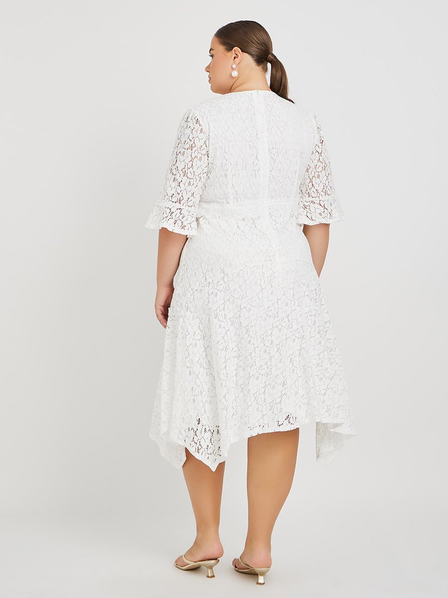 Plus Size Lace High Neck Asymmetric Hem A-Line Midi Dress