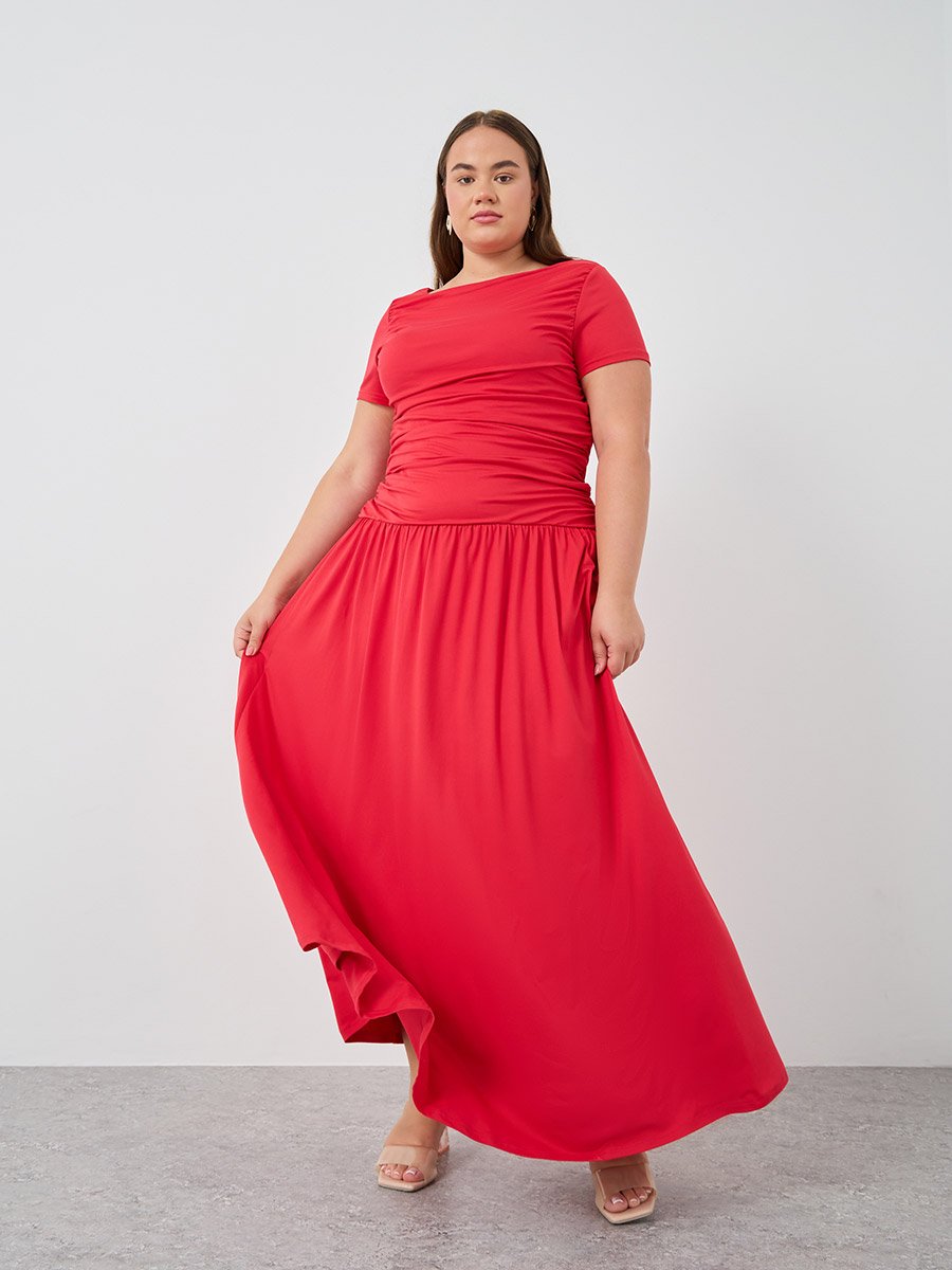 Plus Size Short Sleeve Gathered Detail A-Line Maxi Dress For Women at UAE |  Styli