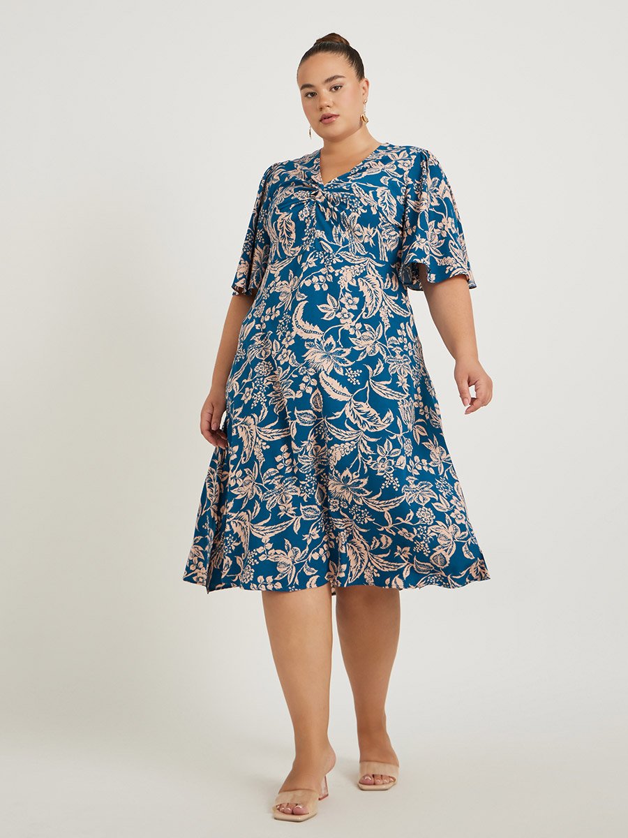 Plus Size V-Neck Short Sleeve A-Line Midi Dress