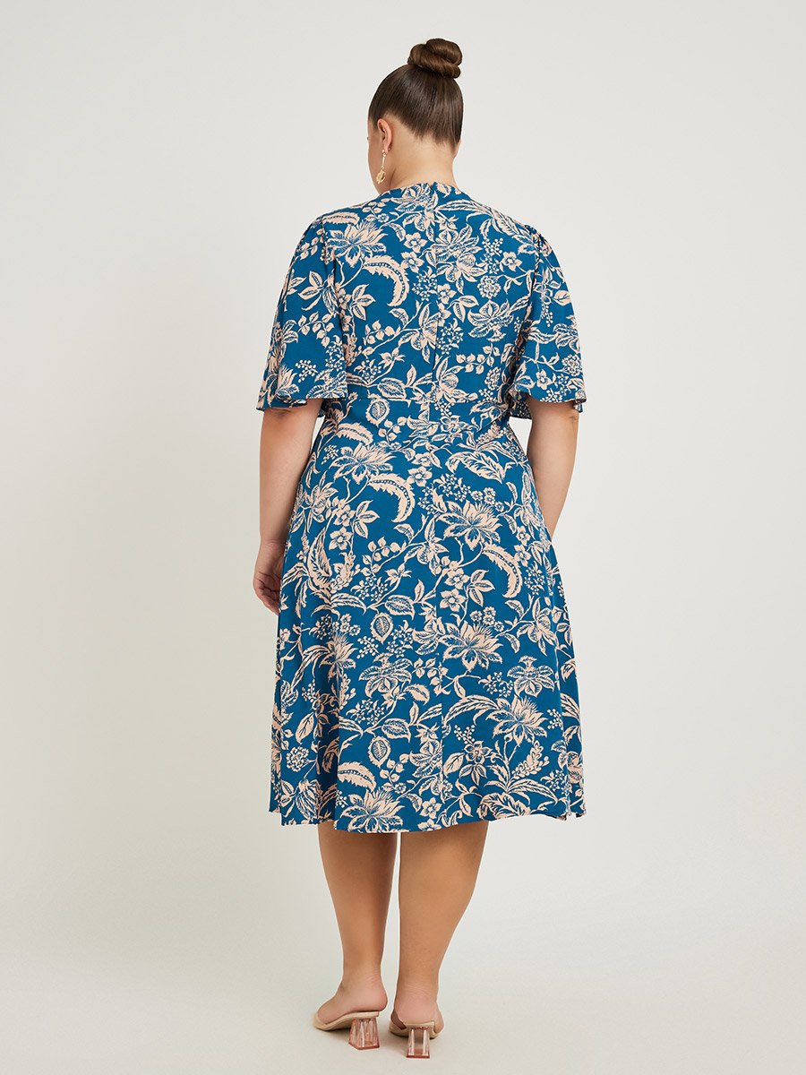 Plus Size V-Neck Short Sleeve A-Line Midi Dress